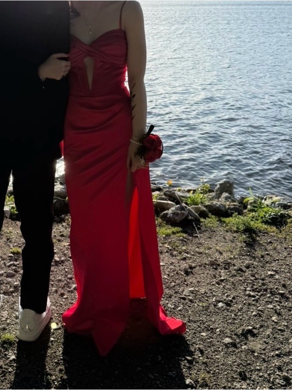 Red Spaghetti-Strap prom with Side Slit